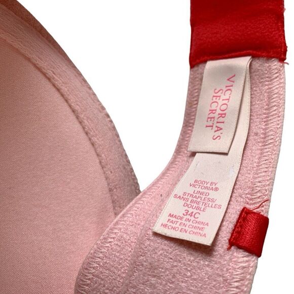 VICTORIA’S SECRET Pink Polka Dot Strapless Bra Sz 34C Whimsy Underwire *READ* - Picture 2 of 4